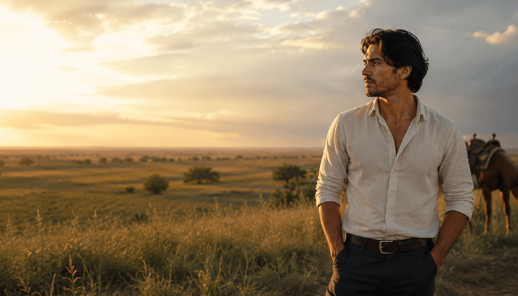 Hombre con camisa de lino mirando el horizonte del llano al atardecer, caballo al fondo